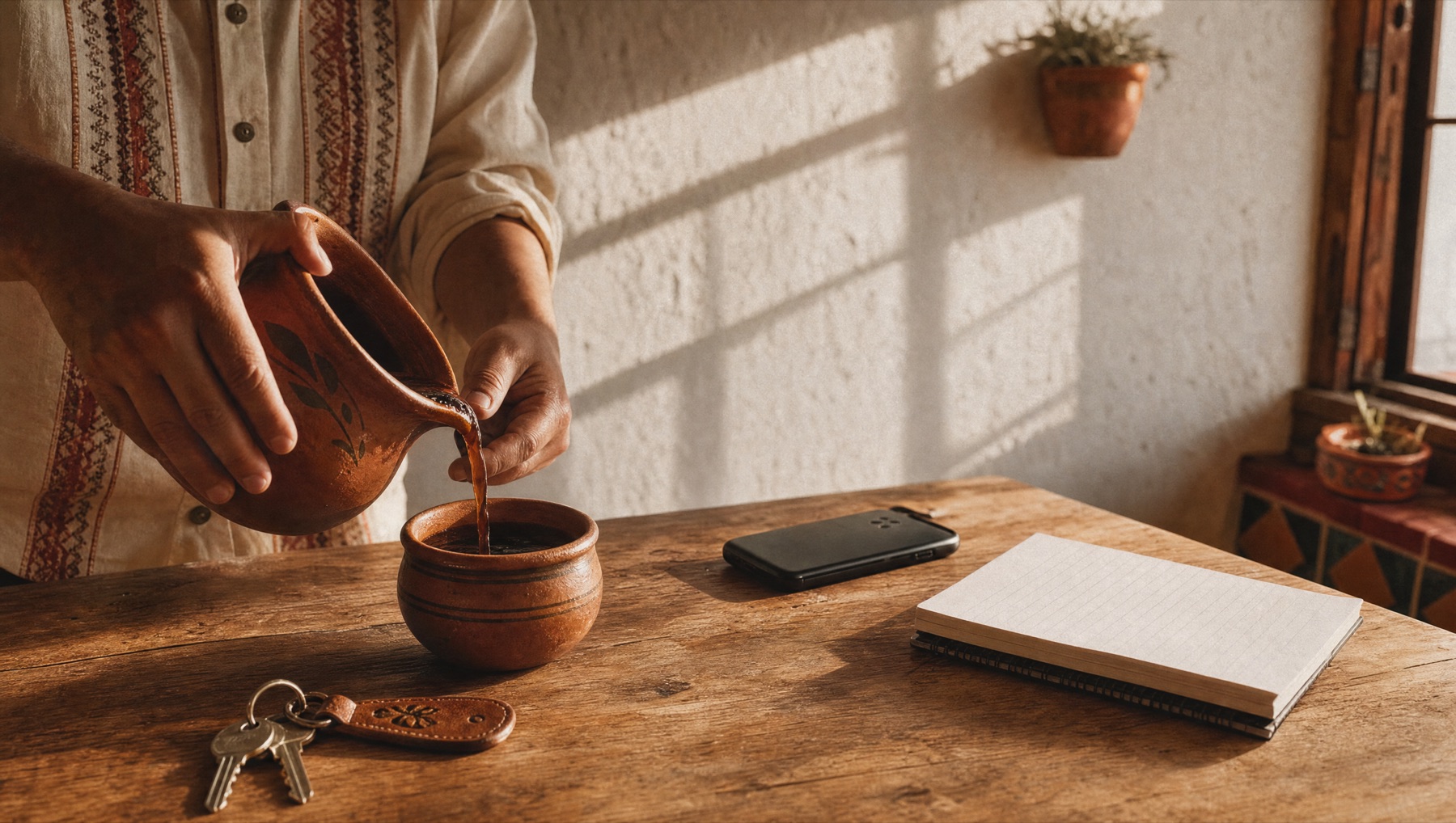 Mesa de madera por la mañana: alguien sirve café de olla junto a sus llaves, su teléfono y una libreta